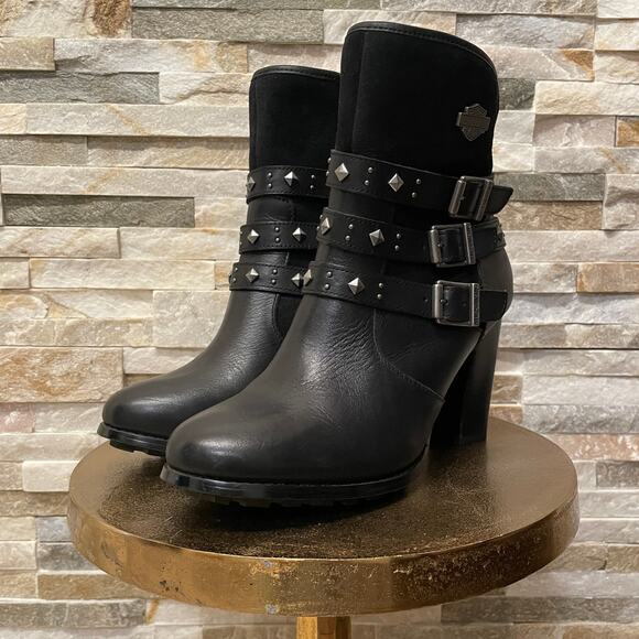 Harley-Davidson Studded Black Leather Boots 8.5 | NWOB, Triple Buckle, High Heel - Picture 10 of 12
